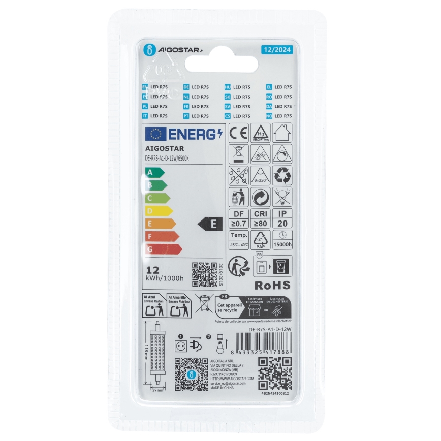 LED-pære dæmpbar R7s/12W/230V 6500K - Aigostar