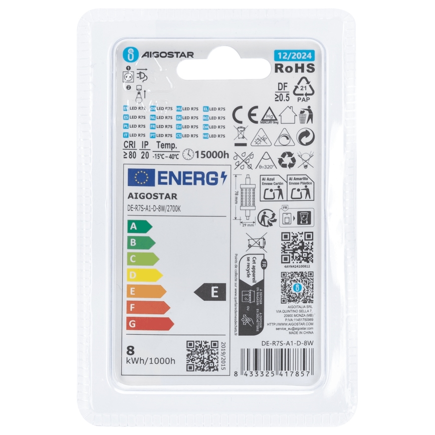 LED-pære dæmpbar R7s/8W/230V 2700K - Aigostar