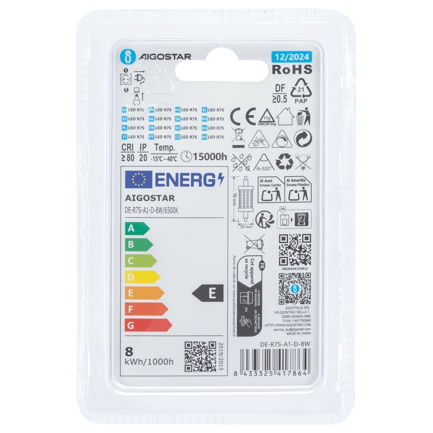 LED-pære dæmpbar R7s/8W/230V 6500K - Aigostar