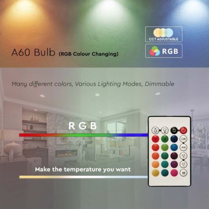 LED-pære dæmpbar RGB-farver A60 E27/8,5W/230V 4000K + fjernbetjening