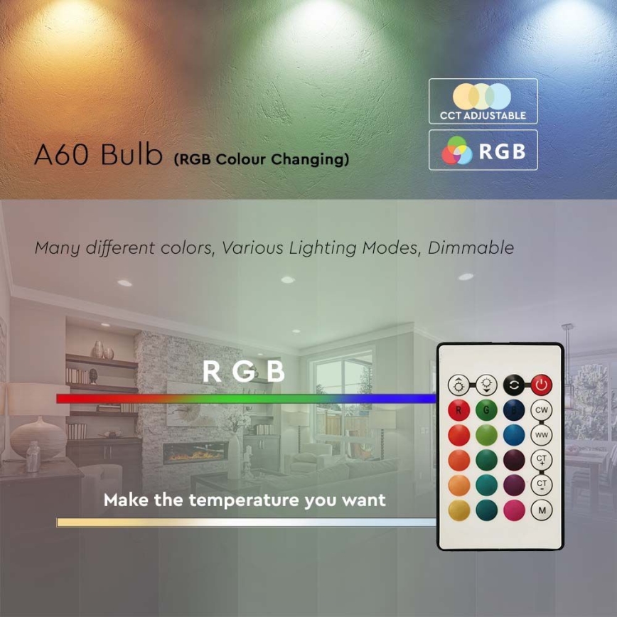 LED-pære dæmpbar RGB-farver A60 E27/8,5W/230V 4000K + fjernbetjening