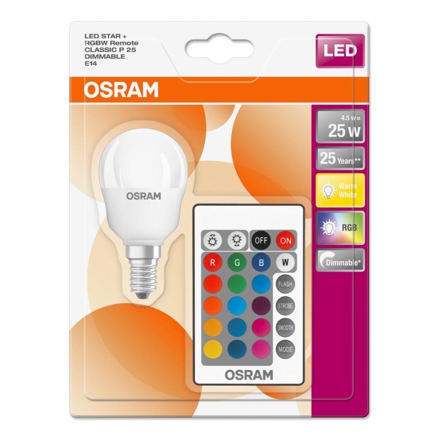 LED-pære dæmpbar RGBW-farver RETROFIT E14/4,5W/230V 2700K + fjernbetjening - Osram