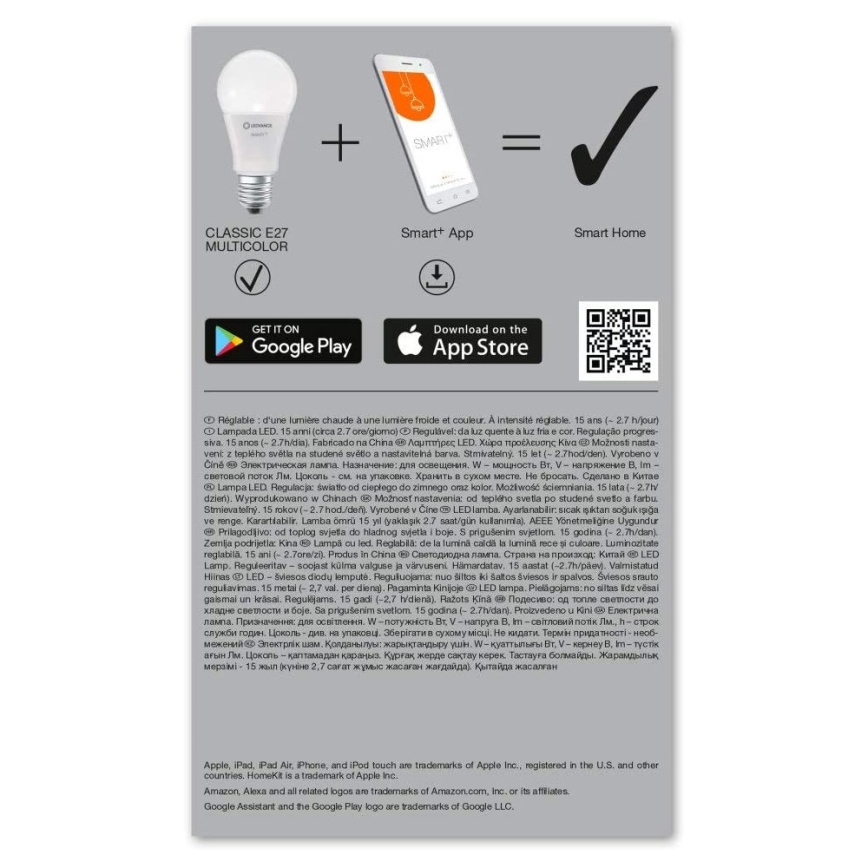 LED-pære dæmpbar RGBW-farver SMART+ E27/9W/230V 2700K-6500K Wi-Fi - Ledvance