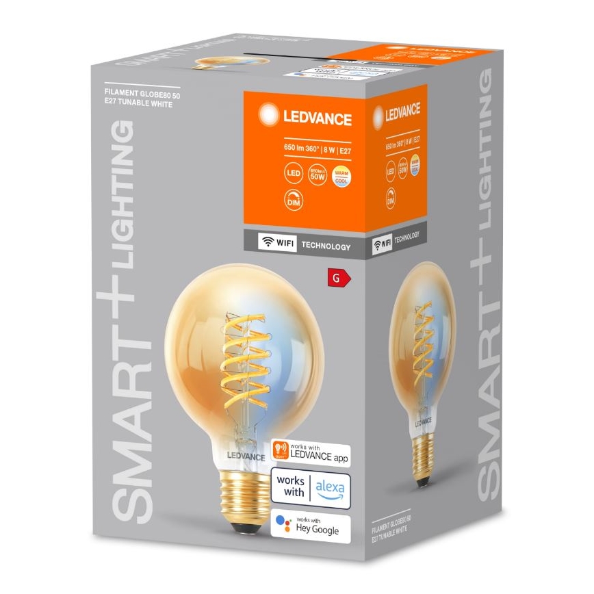 LED-pære dæmpbar SMART+ FILAMENT GLOBE G80 E27/8W/230V 2200-5000K Wi-Fi - Ledvance