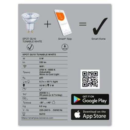 LED-pære dæmpbar SMART+ GU10/5W/230V 2700K-6500K Wi-Fi - Ledvance