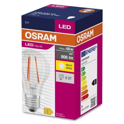 LED-pære FILAMENT A60 E27/6,5W/230V 2700K - Osram