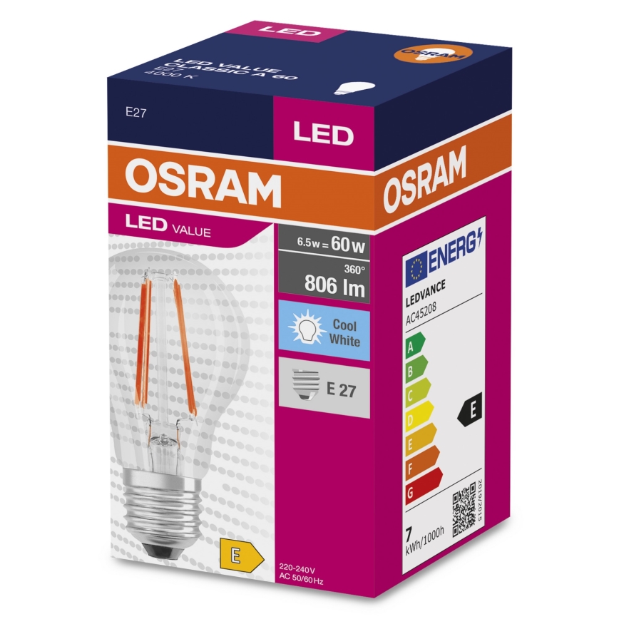 LED-pære FILAMENT A60 E27/6,5W/230V 4000K - Osram