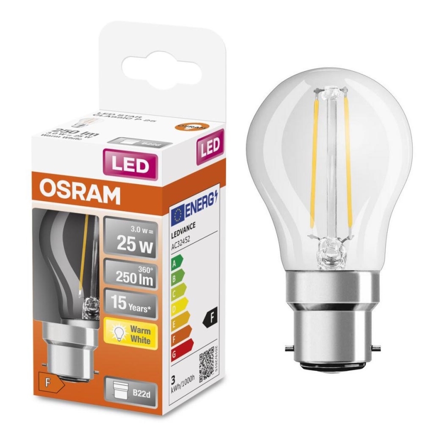 LED-pære FILAMENT P45 B22d/3W/230V 2700K - Osram