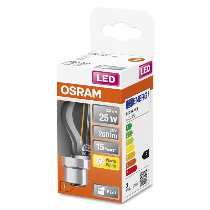 LED-pære FILAMENT P45 B22d/3W/230V 2700K - Osram