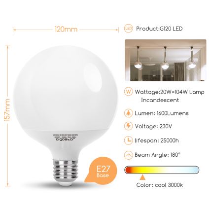 LED-pære G120 E27/20W/230V 3000K - Aigostar