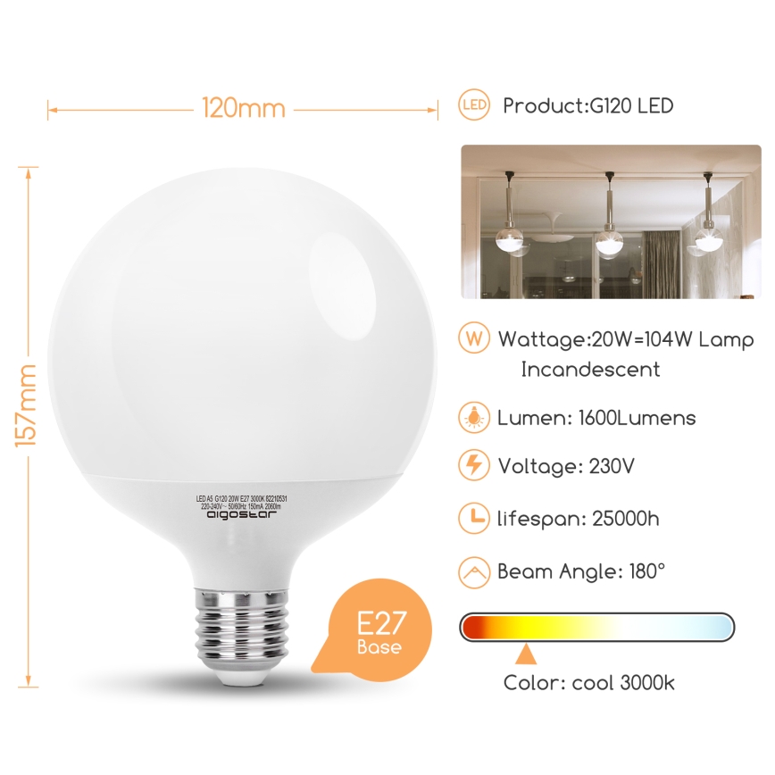 LED-pære G120 E27/20W/230V 3000K - Aigostar
