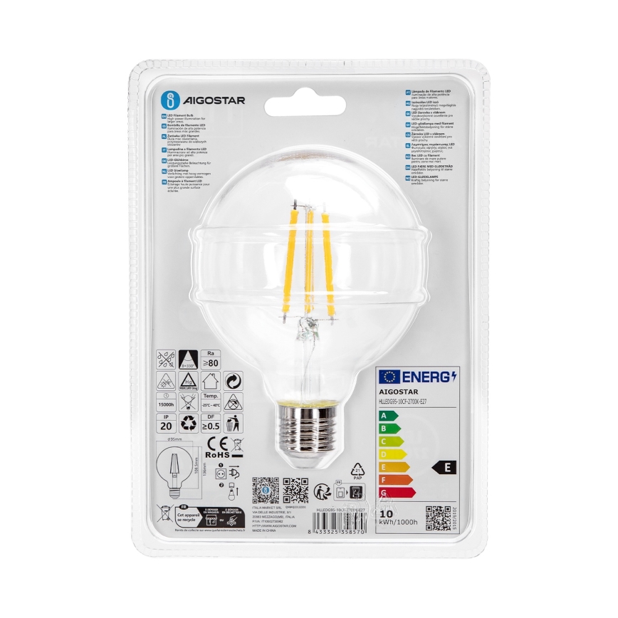 LED-pære G95 E27/10W/230V 2700K - Aigostar