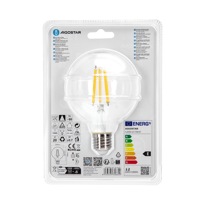 LED-pære G95 E27/12W/230V 2700K - Aigostar