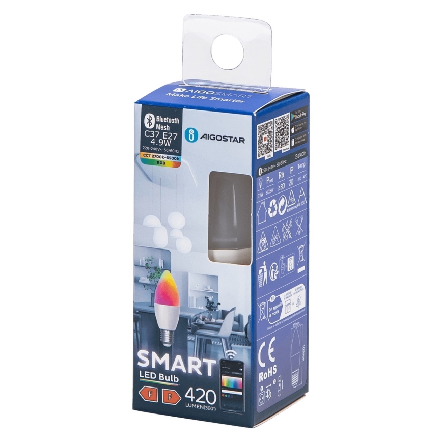LED-pære med RGBW-farver dæmpbar C37 E27/4,9W/230V 2700-6500K - Aigostar