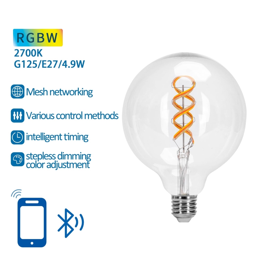 LED-pære med RGBW-farver dæmpbar FILAMENT MESH Smart G125 E27/4,9W/230V 2700K - Aigostar