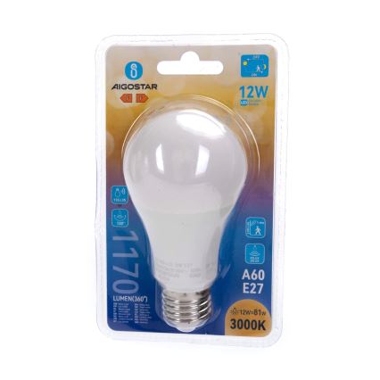 LED-pære med bevægelses- og skumringssensor A60 E27/12W/230V 3000K - Aigostar