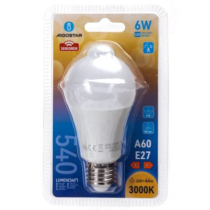 LED-pære med bevægelses- og skumringssensor A60 E27/6W/230V 3000K - Aigostar