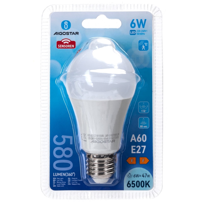 LED-pære med bevægelses- og skumringssensor A60 E27/6W/230V 6500K - Aigostar
