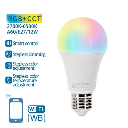 LED-pære med RGBW-farver dæmpbar A60 E27/12W/230V 2700-6500K Wi-Fi - Aigostar
