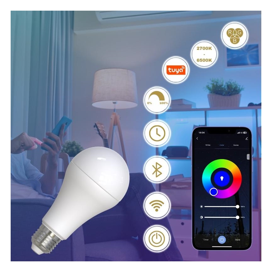 LED-pære med RGBW-farver dæmpbar A60 E27/15W/230V 2700-6500K Wi-Fi Tuya