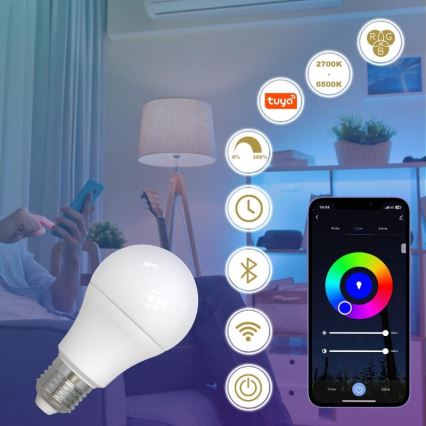 LED-pære med RGBW-farver dæmpbar A60 E27/9W/230V 2700-6500K Wi-Fi Tuya