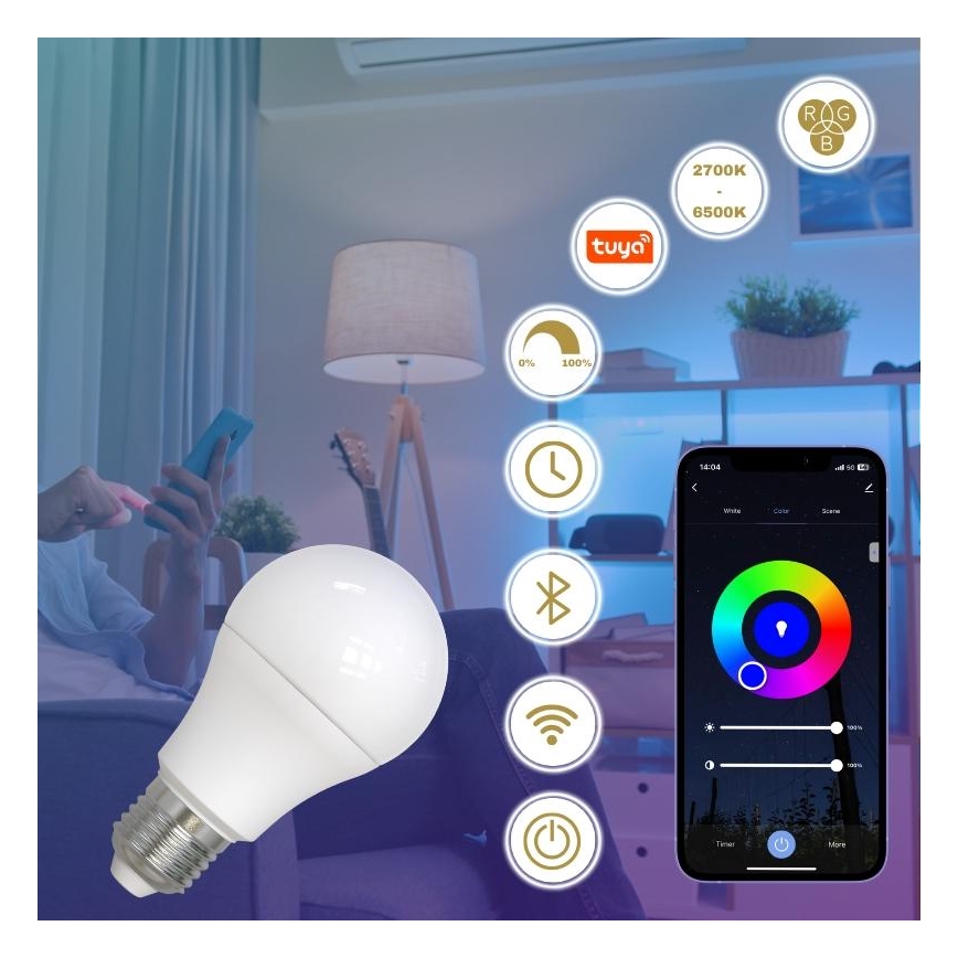 LED-pære med RGBW-farver dæmpbar A60 E27/9W/230V 2700-6500K Wi-Fi Tuya