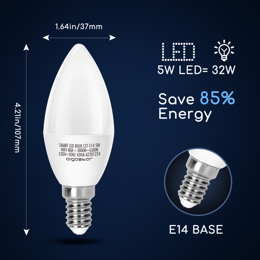 LED-pære med RGBW-farver dæmpbar C37 E14/5W/230V 3000-6500K Wi-Fi - Aigostar