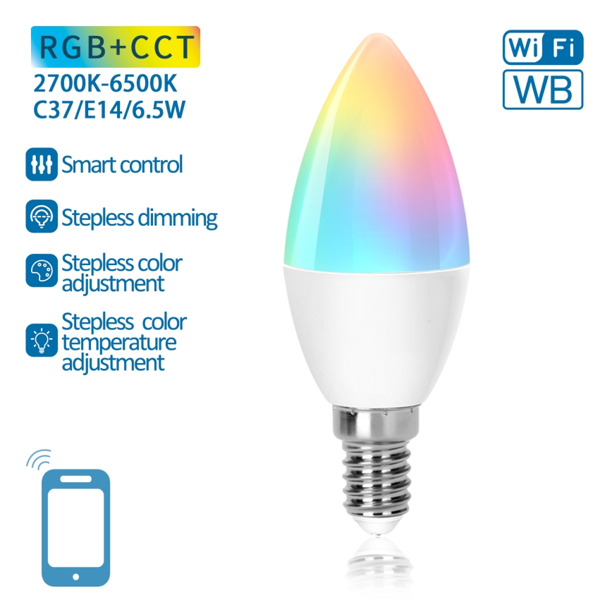 LED-pære med RGBW-farver dæmpbar C37 E14/6,5W/230V 2700-6500K Wi-Fi - Aigostar
