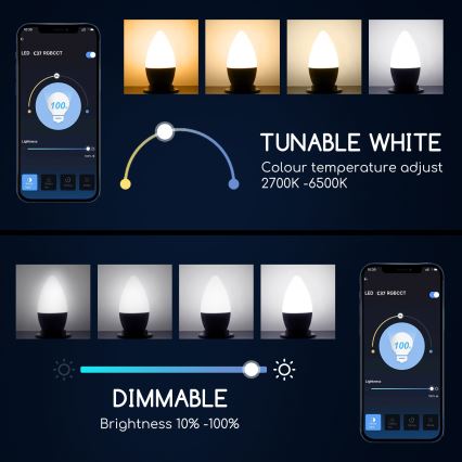 LED-pære med RGBW-farver dæmpbar C37 E27/5W/230V 3000-6500K Wi-Fi - Aigostar