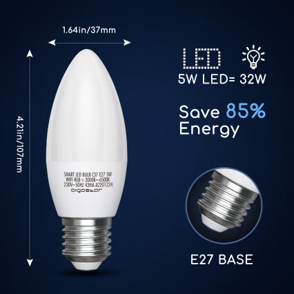 LED-pære med RGBW-farver dæmpbar C37 E27/5W/230V 3000-6500K Wi-Fi - Aigostar
