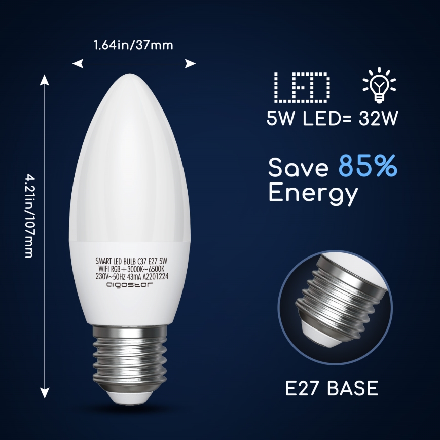 LED-pære med RGBW-farver dæmpbar C37 E27/5W/230V 3000-6500K Wi-Fi - Aigostar
