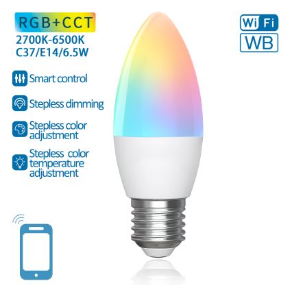 LED-pære med RGBW-farver dæmpbar C37 E27/6,5W/230V 2700-6500K Wi-Fi - Aigostar