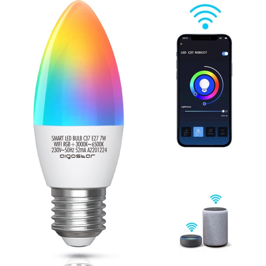 LED-pære med RGBW-farver dæmpbar C37 E27/7W/230V 3000-6500K Wi-Fi - Aigostar