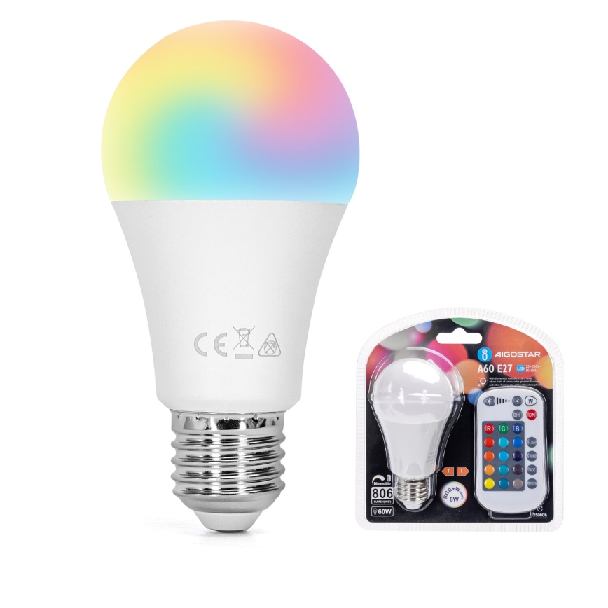 LED-pære med RGBW-farver dæmpbar E27/8W/230V 3000K + fjernbetjening - Aigostar