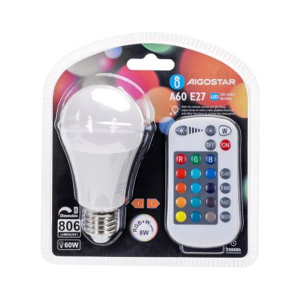 LED-pære med RGBW-farver dæmpbar E27/8W/230V 3000K + fjernbetjening - Aigostar