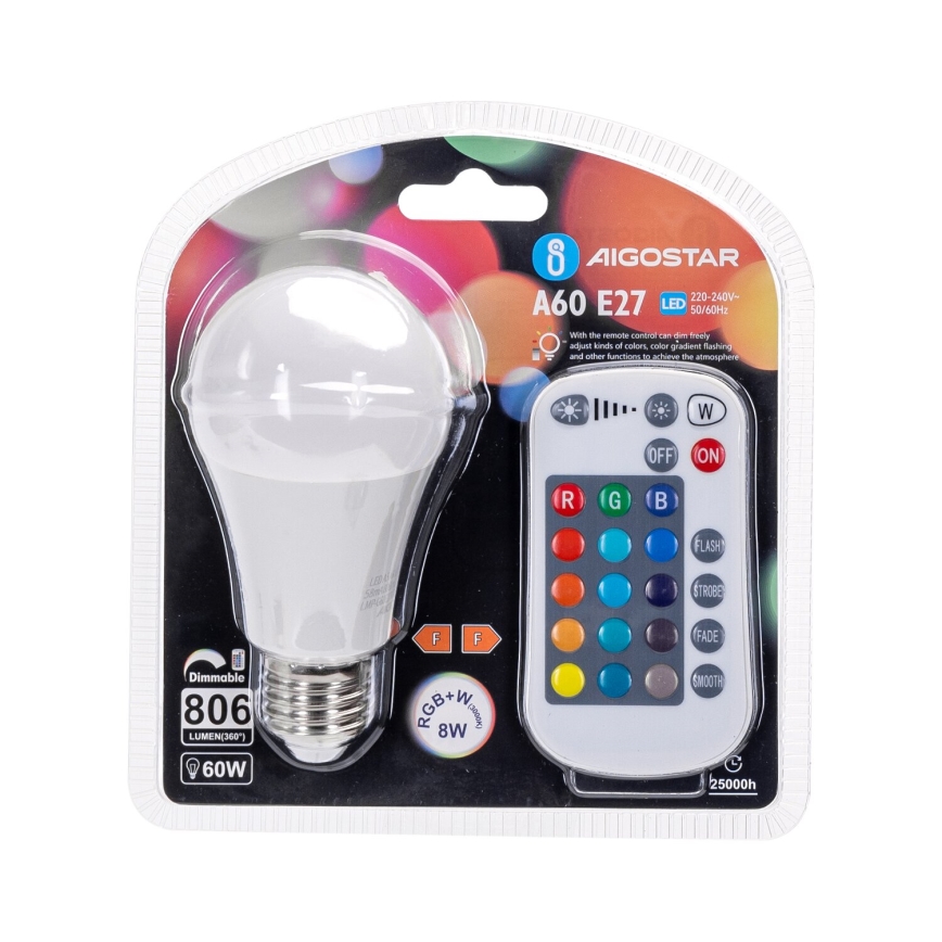 LED-pære med RGBW-farver dæmpbar E27/8W/230V 3000K + fjernbetjening - Aigostar