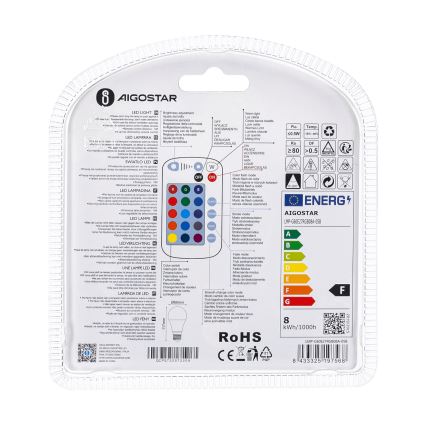 LED-pære med RGBW-farver dæmpbar E27/8W/230V 3000K + fjernbetjening - Aigostar