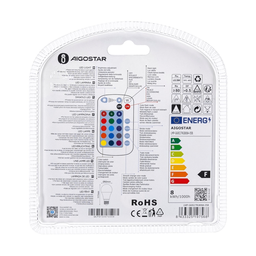 LED-pære med RGBW-farver dæmpbar E27/8W/230V 3000K + fjernbetjening - Aigostar