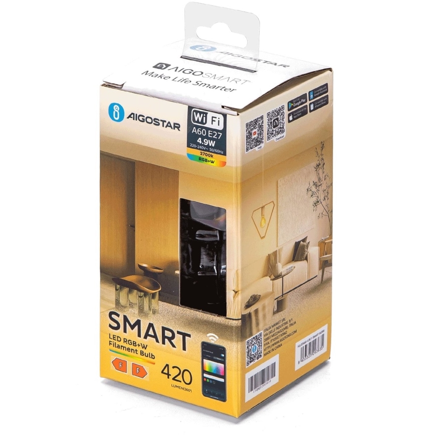 LED-pære med RGBW-farver dæmpbar FILAMENT A60 E27/4,9W/230V 2700K Wi-Fi - Aigostar