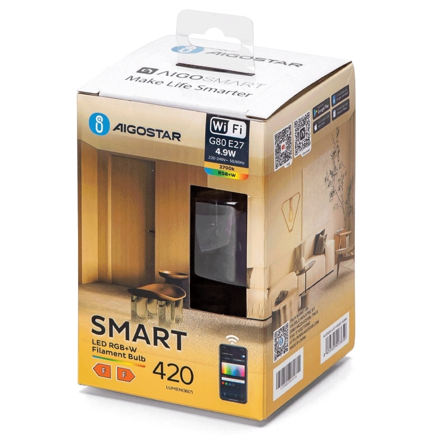LED-pære med RGBW-farver dæmpbar FILAMENT G80 E27/4,9W/230V 2700K Wi-Fi - Aigostar