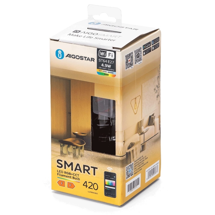 LED-pære med RGBW-farver dæmpbar FILAMENT ST64 E27/4,9W/230V 2700-6500K Wi-Fi - Aigostar