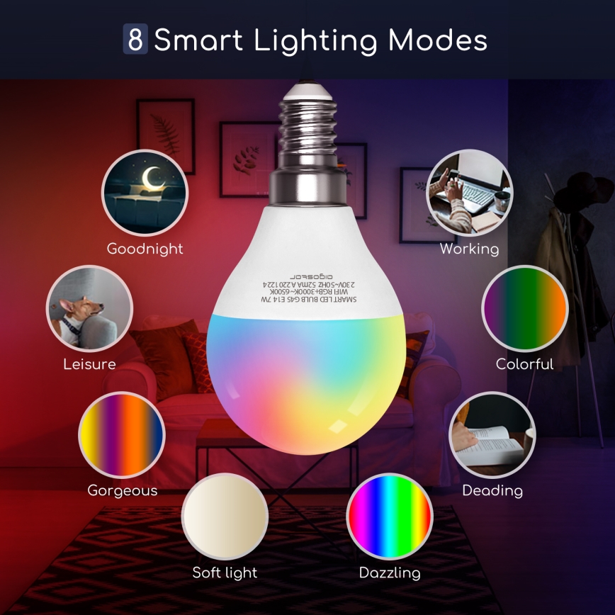LED-pære med RGBW-farver dæmpbar G45 E14/7W/230V 3000-6500K Wi-Fi - Aigostar