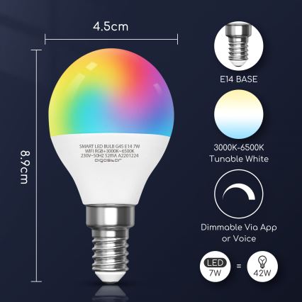 LED-pære med RGBW-farver dæmpbar G45 E14/7W/230V 3000-6500K Wi-Fi - Aigostar