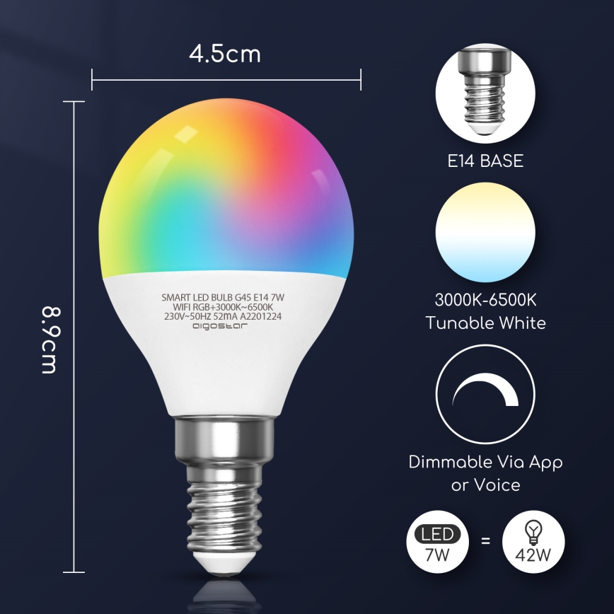LED-pære med RGBW-farver dæmpbar G45 E14/7W/230V 3000-6500K Wi-Fi - Aigostar