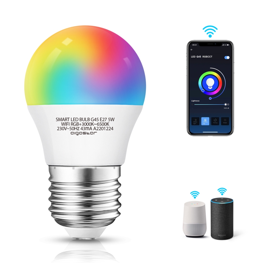 LED-pære med RGBW-farver dæmpbar G45 E27/5W/230V 3000-6500K Wi-Fi - Aigostar