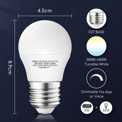 LED-pære med RGBW-farver dæmpbar G45 E27/5W/230V 3000-6500K Wi-Fi - Aigostar