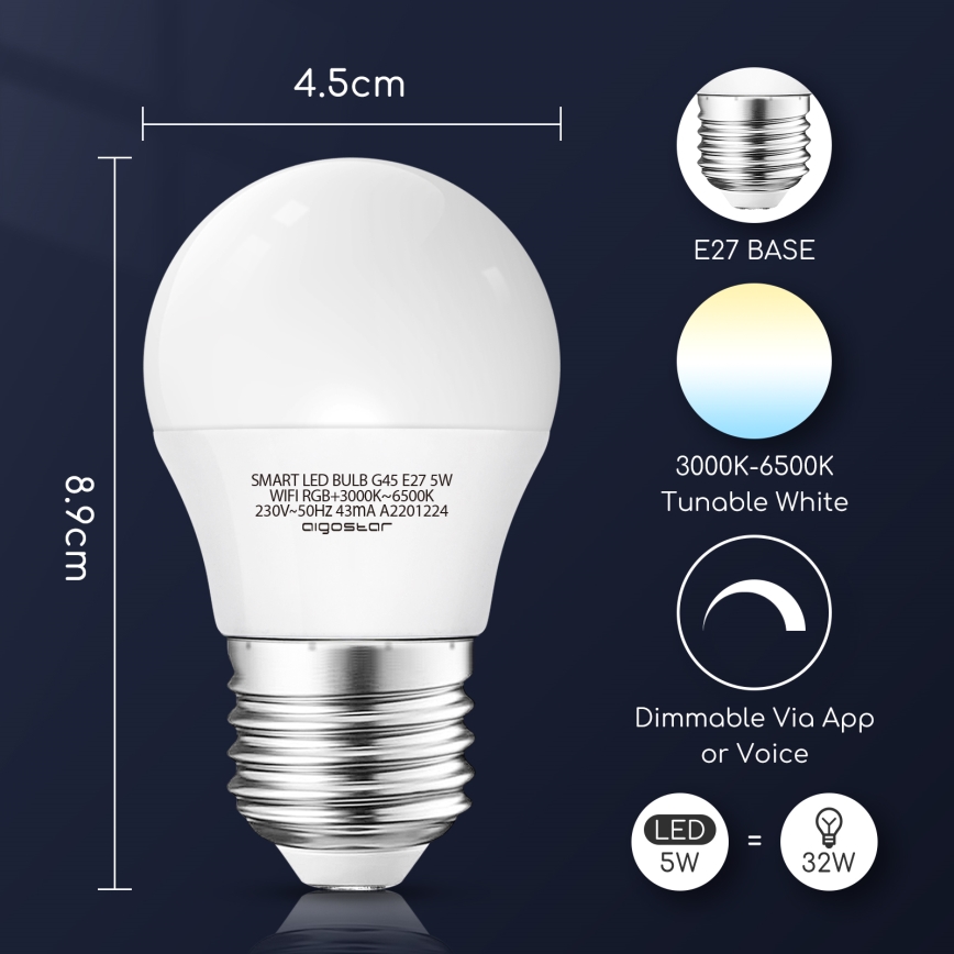 LED-pære med RGBW-farver dæmpbar G45 E27/5W/230V 3000-6500K Wi-Fi - Aigostar