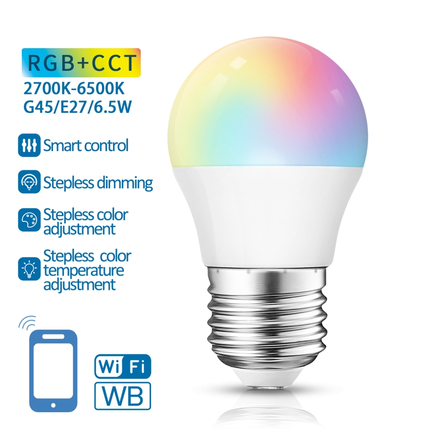 LED-pære med RGBW-farver dæmpbar G45 E27/6,5W/230V 2700-6500K Wi-Fi - Aigostar