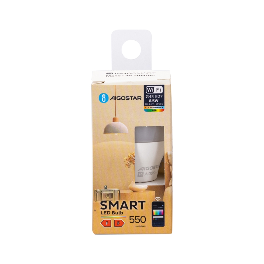 LED-pære med RGBW-farver dæmpbar G45 E27/6,5W/230V 2700-6500K Wi-Fi - Aigostar