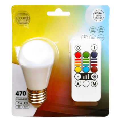 LED-pære med RGBW-farver dæmpbar E27/6W/230V 3000K + fjernbetjening - Globo